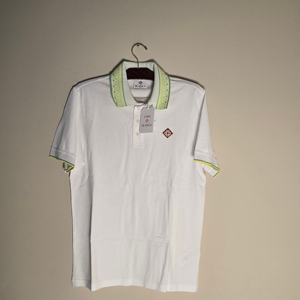 CASA BLANCA Laurel Polo Men's XL Textured Pique Short-Sleeve White Green T Shirt